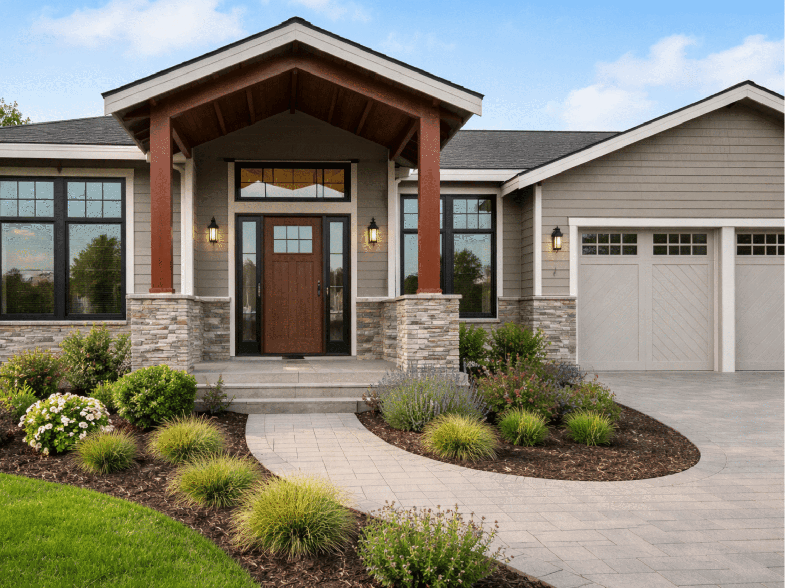 A stylish gray home featuring a prominent front porch with stone and wood details, a dark entry door, and a well-landscaped front yard.