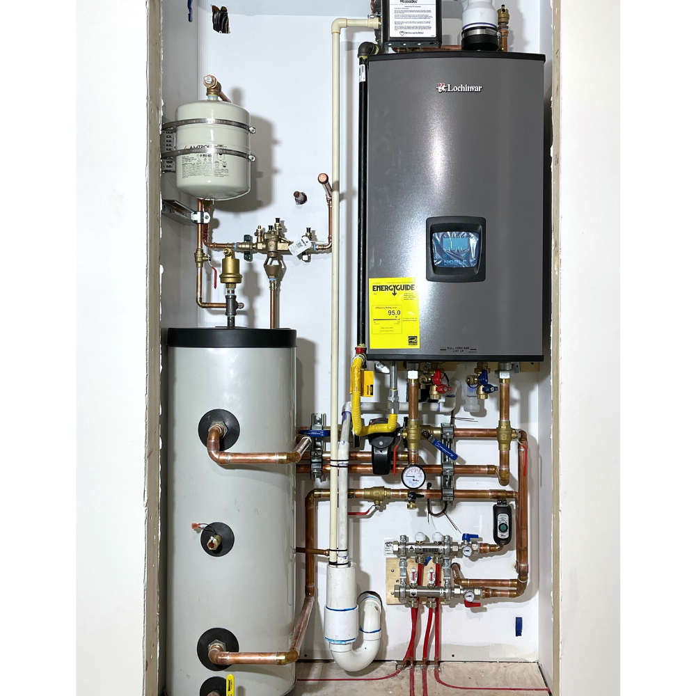 Lochinvar Noble with domestic hot water tank installed in small space