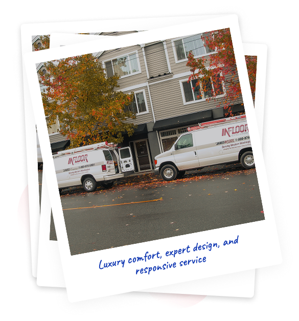 polaroid images of Janes vans, labeled with "luxury comfort, expert design, and responsive service"