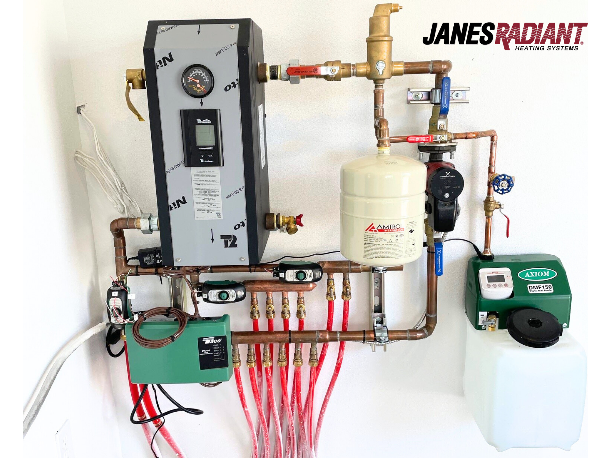 Thermo2000 electric boiler and DIY panel with manifold, TACO relay, Axiom tank, and expansion tank.