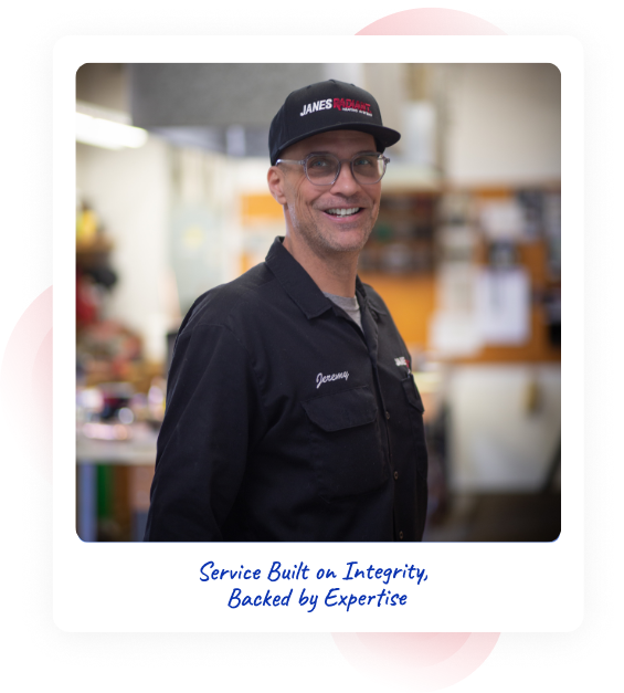 polaroid image of a Janes employee in black polo shirt and hat, labelled as "Service Built on Integrity, Backed by Expertise"
