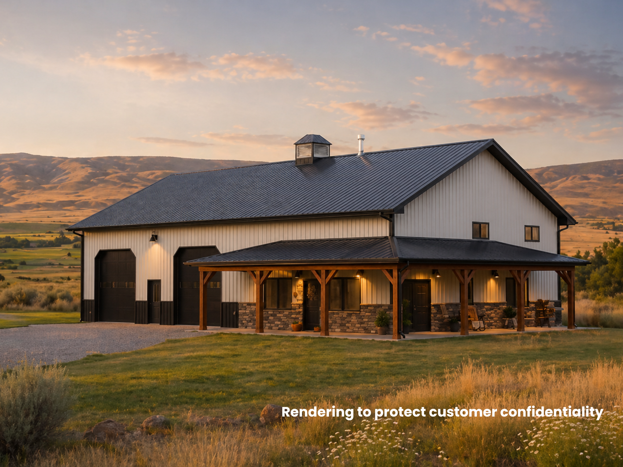 Barndominium at sunset in the foothills of Eastern Washington
