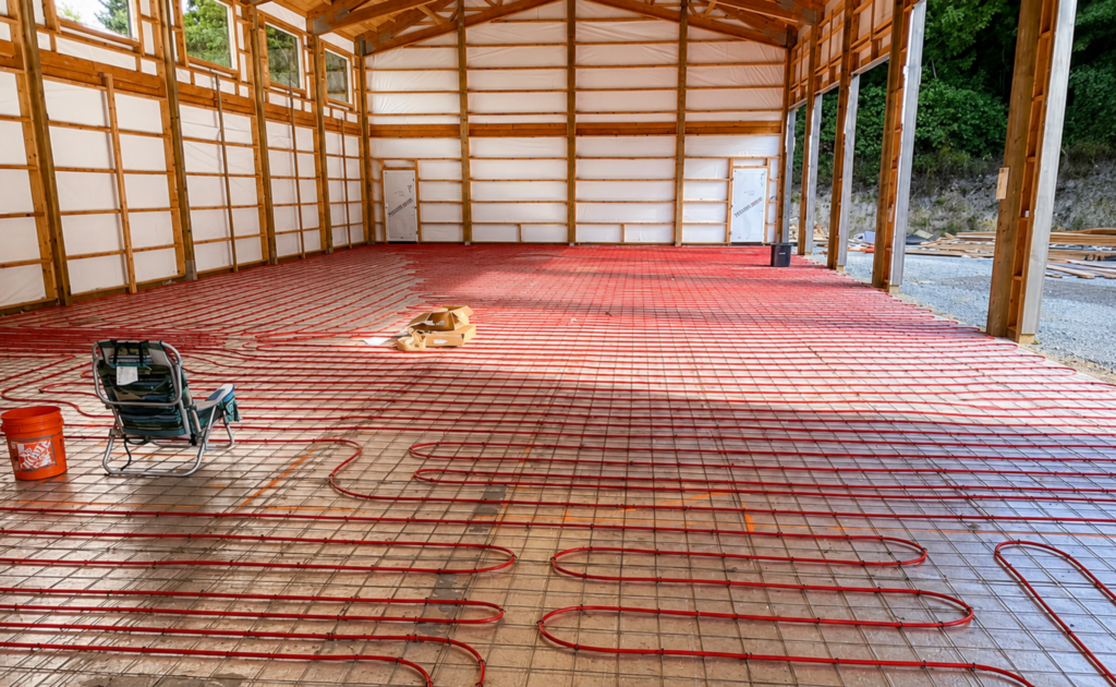 radiant heating in pole barn tubing installation